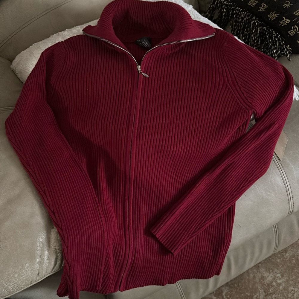 Evie Red Vintage stripe texture zip up sweater